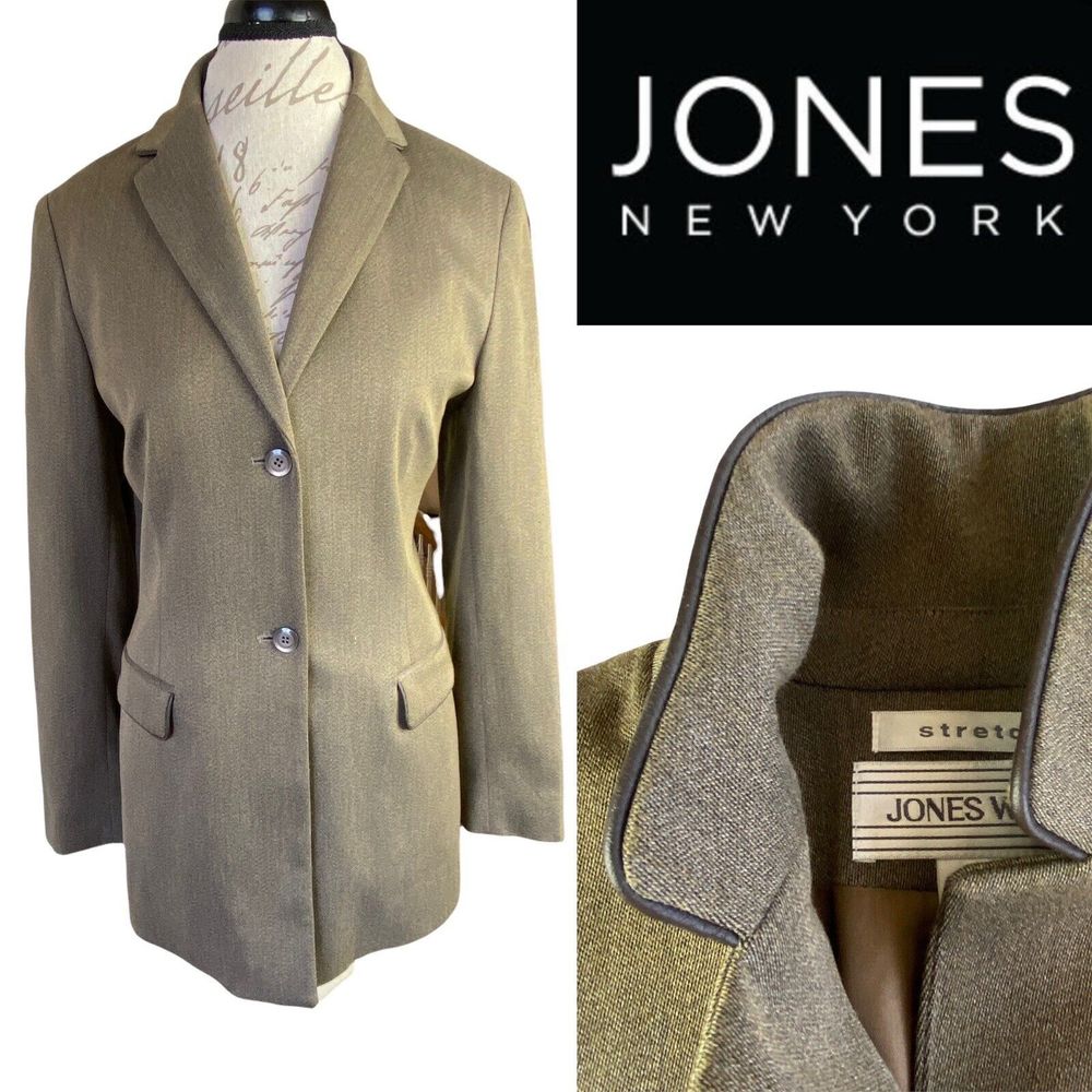 Jones Wear Tailored Tan Olive Blazer Faux Leather Trim Piping Long Blazer Women
